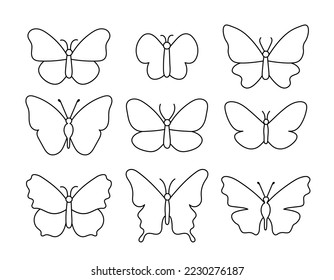 Borde de mariposa. Conjunto vectorial de insectos de doodle aislados. Colección de mariposas negras sobre fondo blanco. Elementos de diseño de líneas.