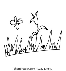 Butterfly over a flower and grass. Vector illustration. Black lines on a white background. Hand-drawn.