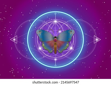 Butterfly over mandala, Sacred Geometry, logo Symbol of Harmony and Balance, Glowing Psychedelic neon. Colorful Geometrical Ornament, yoga relax, spirituality, vector purple gradient background 