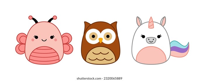 Butterfly, owl, unicorn. Squishmallow. Cute soft plush toy. Pillow. Kawaii, cartoon. Isolated vector illustration eps 10