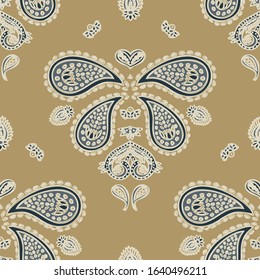 Butterfly paisley ethnic seamless vector pattern on golden background for fabric, wallpaper, scrapbooking projects or backgrounds. Surface pattern background.