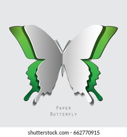 Butterfly paper cut stick on the paper vector. Digital papercraft concept. Green eco nature theme.