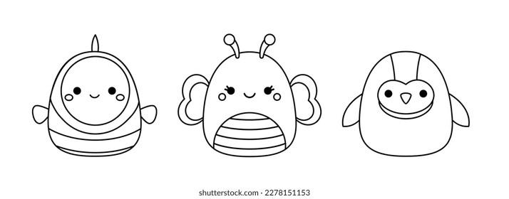 Butterfly, parrot, clown fish. Coloring page. Squishmallow. Black and white animals. Color me. Isolated vector illustration eps