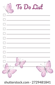 Borboleta pastel para fazer lista página do planejador.Pastel bonito para fazer lista checklist com ilustração borboleta.Mínima página do planejador feminino para produtividade,tarefas diárias,anotações,organização.vetor