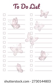 Butterfly Pastel To Do List Planner Page.Minimal pastel to do list planner page decorated with soft butterfly illustrations. Feminine and aesthetic checklist design for productivity, daily planning, task management, journaling and stationery projects. Ideal for printable and digital planner use.