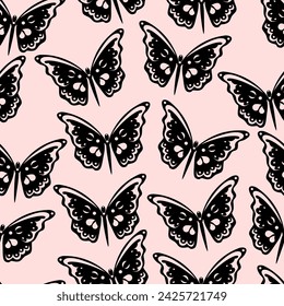 Patrón de mariposa. Patrón moderno sin costuras abstracto de los contornos de la mariposa de la monarca en el fondo rosa. Estilo retro vintage. Patrón sin costuras. Ilustración vectorial.