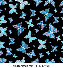 Butterfly pattern black, blue and whites. Seamless. Vector. Superb background for design of fabric, paper, wrappers and wallpaper.
