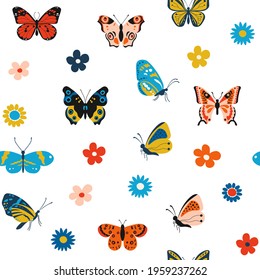 Butterfly pattern. Cartoon seamless texture for print with colorful flying insects and flowers. Vector nature textile pattern