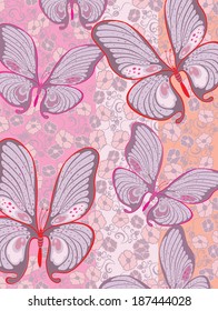 Butterfly pattern design on a floral background. A vector illustration.