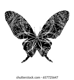 Butterfly pattern with flowers and elements of sacred geometry. Unique design for t-shirts design. Vector illustration EPS10.