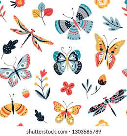 Butterfly pattern. Flying butterflies moths and summer flowers. Seamless fashion trendy fabric texture. Vector wallpaper