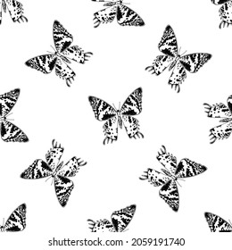 The butterfly pattern is graphic. seamless drawing of a hand-drawn butterfly sketch, top view with dots and spots, isolated black outline, randomly and often located on white