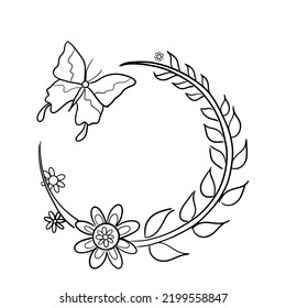 Butterfly pattern and hammered wood.There is a circle outline for inserting letters inside.Isolated vector illustration on a white background.