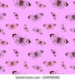 Butterfly pattern. Hand drawn brown butterflies on pink background. Seamless vector backdrop