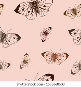 Butterfly pattern. Hand drawn brown butterflies on pink background. Seamless vector backdrop