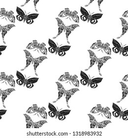 Butterfly pattern hand drawn collection. Three different butterflies fly connected in an ornament. Beautiful Swallowtail boho t-shirt design. Mystical esoteric symbol of freedom, travel, tourism.