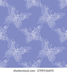 Butterfly pattern with hand drawn lace butterfly white outlines and silhouettes on violet background.