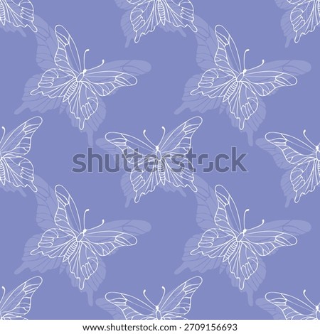 Butterfly pattern with hand drawn lace butterfly white outlines and silhouettes on violet background.