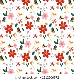 Butterfly pattern is on red and pink flowers.