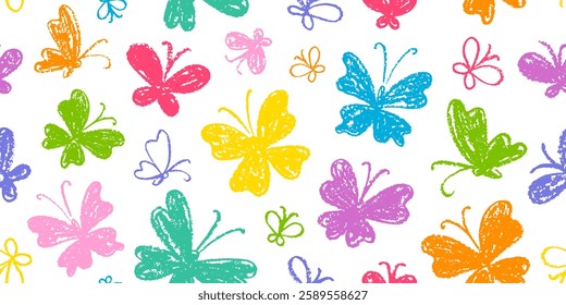 Butterfly pattern. Seamless background, floral vector childish butterfly pattern. Cute crayon pencil spring nature bg. Scribble doodle wallpaper. Cartoon sketch spring summer cute hand drawn ornament