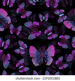 Butterfly pattern. Seamless background with purple and neon butterflies. Vector illustration