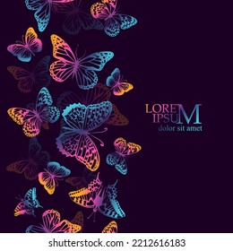 Butterfly pattern. Seamless background with purple and neon butterflies. Vector illustration