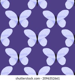 Patrón de mariposa sin fisuras en estilo de mano libre. Un insecto lindo que vuela en un prado sobre un fondo colorido. Ilustración vectorial para impresiones textiles, tela, carteles, fondo y papel pintado.