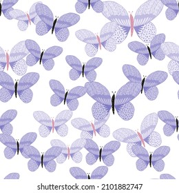 Butterfly pattern seamless in freehand style. Cute insect which fly in a meadow on colorful background. Vector illustration for textile prints, fabric, banners, backdrops and wallpapers.