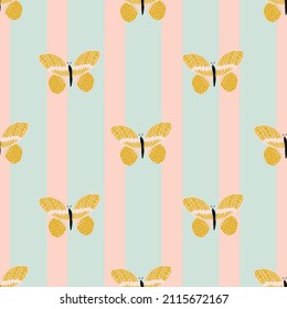 Butterfly pattern seamless in freehand style. Cute insect which fly in a meadow on colorful background. Vector illustration for textile prints, fabric, banners, backdrops and wallpapers.