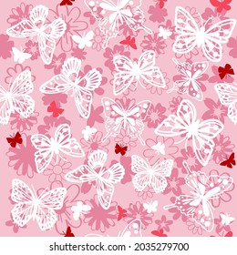 Butterfly pattern with seamless pattern, large and small in random position, vector illustration, flowers as background, suitable for design printing