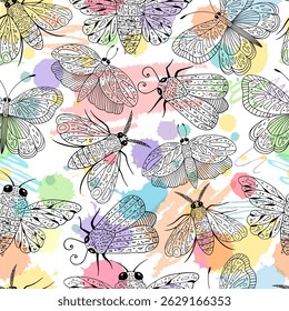 Butterfly pattern. Butterfly seamless texture with hand drawn elements.
Colorful butterfly background. Ink style icon on white backdrop. Animal print.
