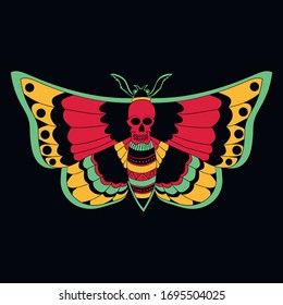 Butterfly with a pattern of a skull on the back, colored wings, on a black background, vector illustration