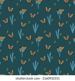 Schmetterlingsmuster in tropischen Blumen. Hintergrund mit flatternden Doodles in der Natur für Textilien. Vektorgrafik