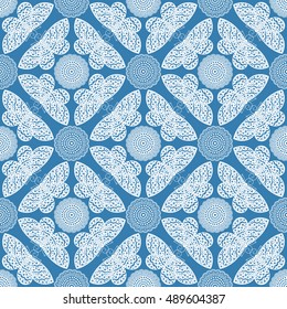 Butterfly pattern. Vector abstract flying insects and flowers background. Seamless geometric blue and white wallpaper.