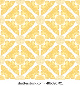 Butterfly pattern. Vector geometric abstract flowers and butterflies background. Seamless yellow hand drawn wallpapers.