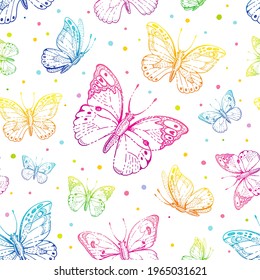 Butterfly pattern. Vector seamless background. Abstract colour fabric design. Cute illustration with neon pink, blue, purple butterfly silhouette. Spring or summer drawing. Floral graphic pattern art