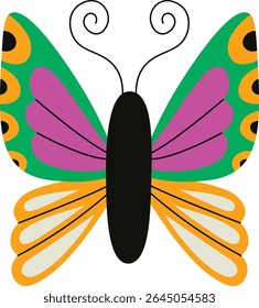 Uma borboleta com asas estampadas em um estilo arrojado e gráfico. O inseto apresenta desenhos vibrantes e simétricos e antenas encaracoladas. Ilustração de vetor de desenhos animados.