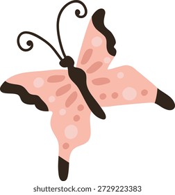 Schmetterling mit gemusterten Flügeln und gekräuselten Antennen im Mittelflug, weiche Formen und abgerundete Flecken. Symbol für Transformation, Schönheit und Freiheit im Frühling. Cartoon, Vektorgrafik.