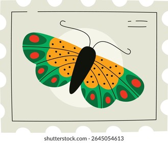 A butterfly with patterned wings is depicted on a postage stamp in a flat style. The insect's vibrant wings are adorned with dots and curves on a rectangular background. Cartoon vector illustration.