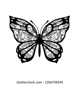 Butterfly with patterned wings. Vector sign for tattoo. Black on white background