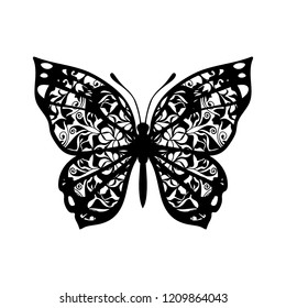 Butterfly with patterned wings. Vector sign for tattoo. Black on white background