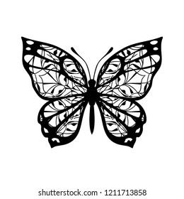 Butterfly with patterned wings. Vector sign for tattoo. Black on white background