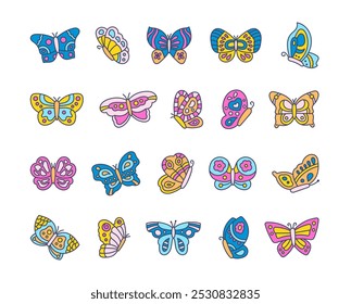 Mariposa con patrones en las alas. Encantador insecto volador. Estilo dibujado a mano. Dibujo de Vector. Colección de Elementos de diseño.