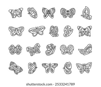 Mariposa con patrones en las alas. Página para colorear. Encantador insecto volador. Estilo dibujado a mano. Dibujo de Vector. Colección de Elementos de diseño.