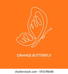 Butterfly with patterns on the wings continuous line drawing element isolated on orange background for logo or decorative element. Vector illustration of insect form in trendy outline style.