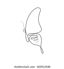 Butterfly with patterns on the wings continuous line drawing element isolated on white background for logo or decorative element. Vector illustration of insect form in trendy outline style.