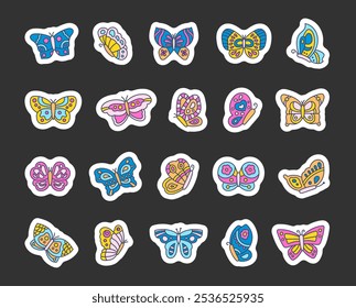 Mariposa con patrones en las alas. Marcador de pegatinas. Encantador insecto volador. Estilo dibujado a mano. Dibujo de Vector. Colección de Elementos de diseño.