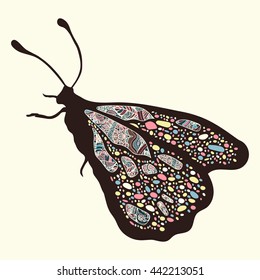 Butterfly with patterns. Wings with multicolored oriental ornaments in style boho, ethnic design, hippie style, arabesque, bohemian. Embroidered openwork exotic Insect. Hand drawing vector graphic