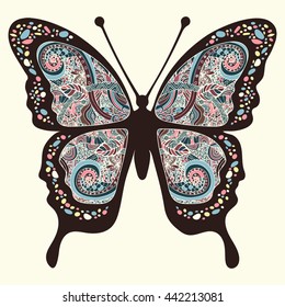 Butterfly with patterns. Wings with multicolored oriental ornaments in style boho, ethnic design, hippie style, arabesque, bohemian. Embroidered openwork exotic Insect. Hand drawing vector graphic