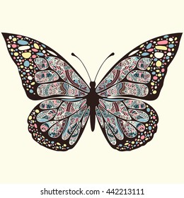 Butterfly with patterns. Wings with multicolored oriental ornaments in style boho, ethnic design, hippie style, arabesque, bohemian. Embroidered openwork exotic Insect. Hand drawing vector graphic